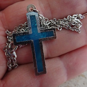 Religious vintage French silver plated chain necklace with silver plated enameled Christian catholic cross crucifix Holy Jesus Christ.  C 5