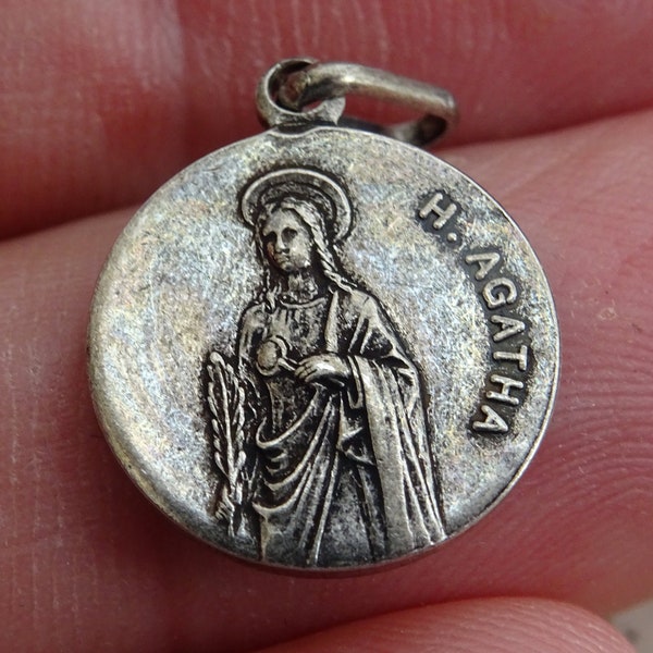 Religious antique French catholic silvered medal pendant Holy charm medallion of Saint Agatha Agata. ( K 6 )