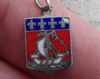 Vintage silver  enameled travel shield charm, memory charm tourist charm, medal  charm bedel souvenir of Paris. G 41