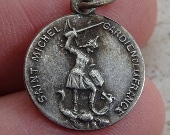 Rare antique French silvered medal pendant charm medallion Holy charm of archangel Saint Michael and Holy Virgin Mary of Bon Remede.  A 12