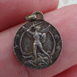 Religious French silvered catholic medal pendant charm medallion of Saint Michael Archangel Guardian Angel and Holy Mary Holy Christ. ( 24 )