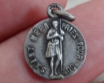 Religieus antiek zilver (GEMARKEERD) Franse katholieke medaille bedel hanger medaillon souvenir van Saint Meen.  ( 9 W )