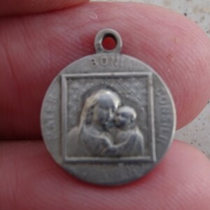 Religious antique silver (MARKED) medal pendant charm medallion Holy Virgin Mary souvenir of Berzee a pilgrimage town in Belgium. ( A 8 )