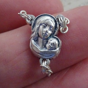 Religious vintage catholic silver plated rosary center medal connector of Holy Virgin Mary. D 19