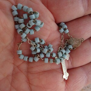 Religious French catholic rosary with light blue  glass beads and rosary center and cross crucifix Holy Jesus Christ Our Lord. ( A 1 )