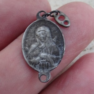 Religious antique French catholic silver plated rosary center medal connector of Mater Dolorosa  and the Crucifixation. ( C 28 )