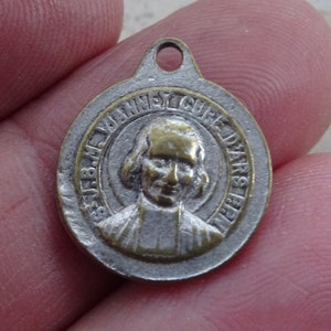 Religious antique French catholic silver ( MARKED )  medal pendant charm medallion Saint John Vianney Cure d&#39;Ars and Saint Philomene. S 14