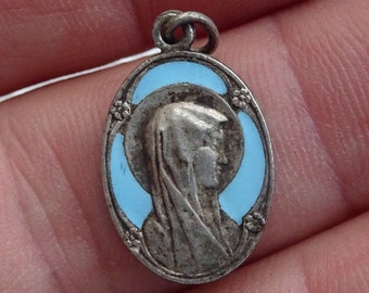 Religious French catholic silvered turquoise light blue enameled medal pendant medaillon charm medallion of Holy Mary of Lourdes. ( 2 A )