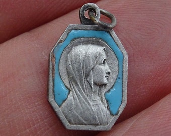 Religious French catholic silvered turquoise light blue enameled medal pendant charm medallion of Holy Virgin Mary of Lourdes. ( V 12 )
