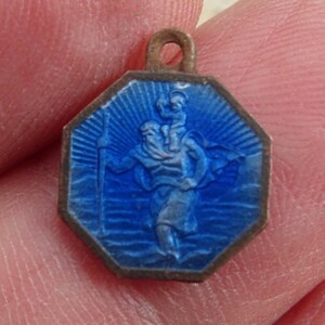 Religious antique copper catholic guilloche medal pendant medallion charm of Saint Christopher. W 20
