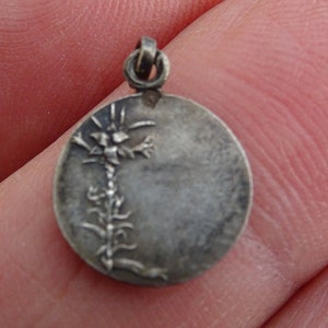 Könnte beinhalten: Silberner Anhänger mit einem detaillierten Design einer stilisierten Blume mit Stiel und Blättern.