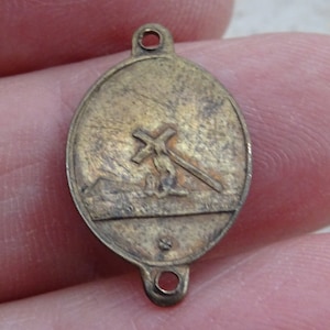 Religious antique French catholic copper rosary center medal connector of Mater Dolorosa  and the Crucifixation. ( D 17 )
