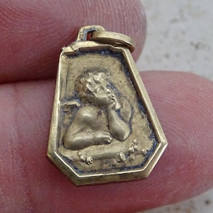 Religious antique French catholic vermeil gold plated medal pendant medaillon charm medallion angel Cherub Guardian Angel Raphael. ( 14 A )