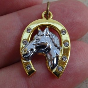 French silver gold plated vermeil medal pendant charm medallion of a horse shoe with horse.  ( 9 )