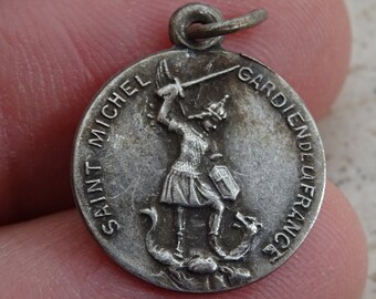 Rare antique French silvered medal pendant charm medallion Holy charm of archangel Saint Michael and Holy Virgin Mary of Bon Remede. ( 5 )