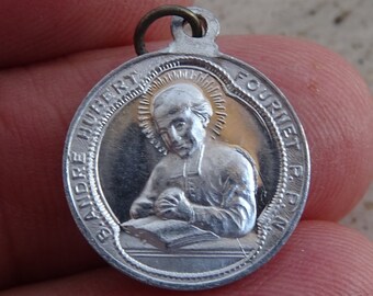 Religious French catholic medal pendant Medallion Holy charm with Holy Virgin Mary Our Lady of Sorrows and Andre Hubert Fournet. ( ( A 15 )