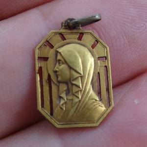 Religious antique French vermeil gold plated medal pendant medaillon Holy charm medallion of Holy Virgin Mary Our Lady. ( F 28 )