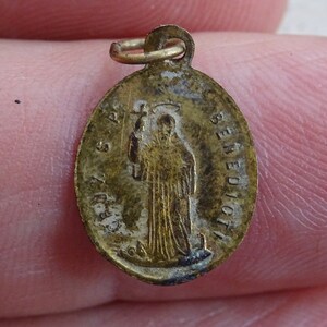 Religious antique French copper catholic medal pendant charm medallion of Saint Benedict. ( medal of exorcism against evil )   C 40