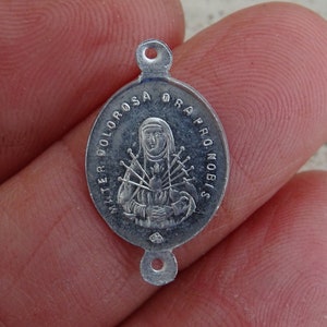 Religious antique French catholic aluminium rosary center medal connector of Mater Dolorosa and the Crucifixation. ( E 21 )