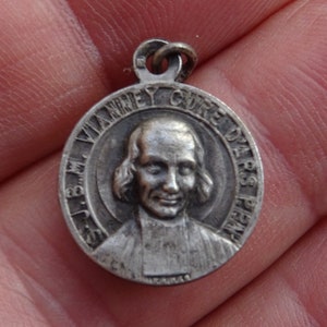 Religious French catholic silver ( MARKED ) medal pendant Holy charm medallion Saint John Vianney cure d&#39;Ars and Saint Philomene. ( 2 )