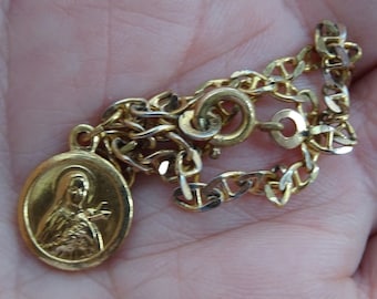 Religious French vermeil gold plated catholic bracelet with medal pendant charm medallion of Saint Therese of Lisieux. ( B 4 )