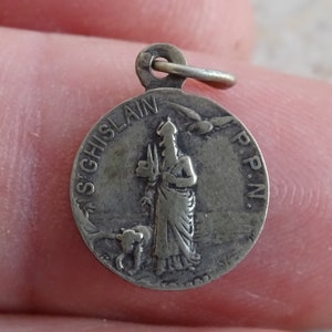 Religious antique catholic silver ( MARKED ) medal pendant Holy charm medallion of Saint Ghislain souvenir of Hellemes-Lille in France.  8