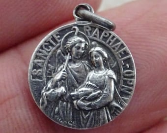 Religious French silver plated catholic medal pendant charm medallion of guardian angel Saint Raphael. ( M 31 )