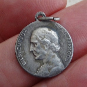 Religious antique silvered catholic medal pendant charm medallion of Saint Michel Garicoïts and Holy Virgin Mary of Betharram. O 16