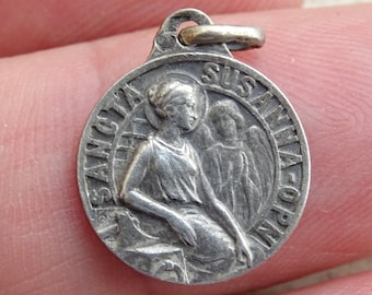 Religious antique French silver plated catholic medal pendant Holy charm medallion of Saint Susanna. ( L30 )