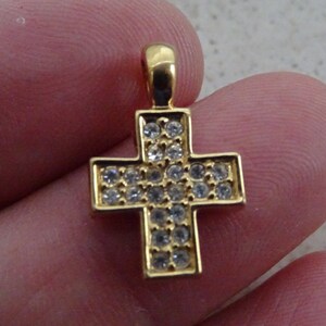 Religious Christian vermeil gold plated French crucifix pendant cross pectoral cross rosary necklace cross with transparant stones. ( E 18 )