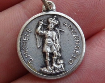 Antique French silver plated medal pendant charm medallion charm of archangel Saint Michael and Holy Virgin Mary. D 17