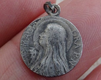 Antique French silver plated catholic medal pendant Holy charm medallion of Saint Magdalena souvenir of Sainte Baume. ( M 21 )