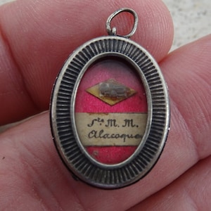 Religious antique French silver plated medal shrine pendant with relic reliquary of Saint Margaret Mary Alacoque. ( D 14 )