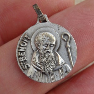 Religious antique French catholic silver plated medal pendant medaillon Holy charm medallion of Saint Benedict.  ( F 12  )