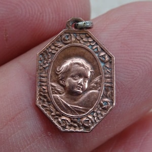 Religious antique French catholic red copper medal pendant medaillon medallion with a Guardian Angel Cherub Saint Raphael. ( K 14 )