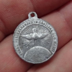 Religious antique French catholic medal pendant charm medallion Confirmation dove Holy Spirit with Holy Family. ( 14 )