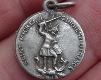 Religious antique French catholic silvered medal pendant charm medallion Saint Michael the Archangel and Holy Virgin Mary du Bon Reine.(L8 )