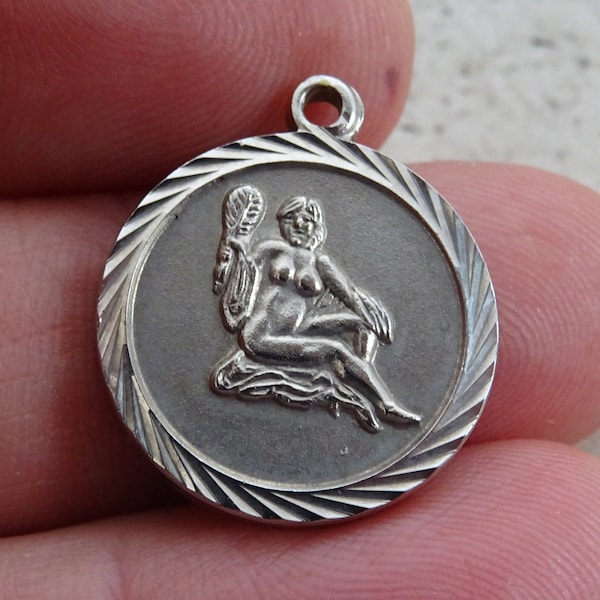 Vintage silver plated Zodiac constellation medal medallion charm pendant sign of Aquarius. ( waterman ) C 12