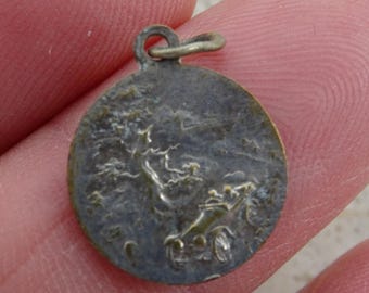 Medalla religiosa antigua francesa católica bañada en plata, colgante, medallón, amuleto sagrado de San Cristóbal. (P 11)