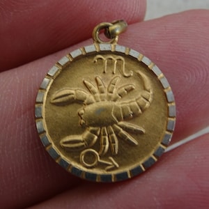 Medalha do Zodíaco banhado a ouro vintage, medalhão, medalhão, signo da constelação de Escorpião. (B7)