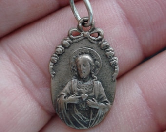 Religious antique French silvered medal pendant medaillon medallion Holy charm of Holy Christ and Holy Mary Our Lady. ( 2 )