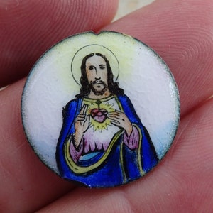 Religious antique porcelainen catholic medal pendant token charm medallion of Holy Virgin Mary with Holy Jesus Christ. ( F 22 )