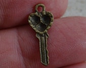 Antique French Bronze Key Charm Pendant Brass Skeleton Key heart. ( 4 )