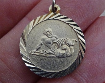 Vintage vermeil Zodiac constellation medal charm medallion pendant sign Aquarius. ( waterman )  A 9
