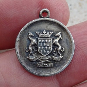 Antique French silver plated medal charm pendant medallion with coat of arms of Bretagne Heraldic. ( G 5 a )