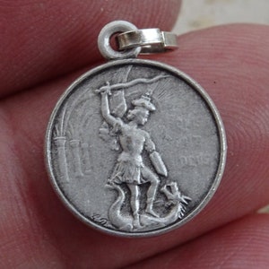 Religious antique French silver plated catholic medal pendant medallion Holy charm of Saint Michael and Mont Michel. ( 26 )