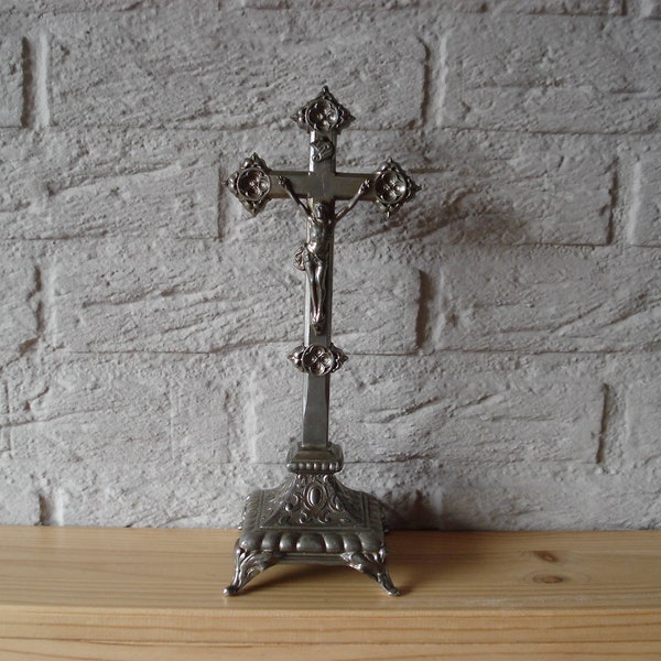 Religious antique French catholic silvered altar standing cross / crucifix. ( 6 B )