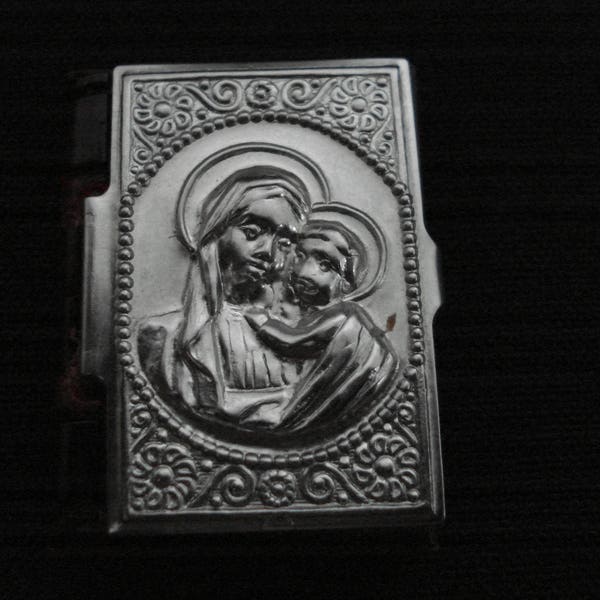 Religious antique ( Worldwar II ) silvered catholic pocket shrine relic of Holy Mary with statue of Saint Benedict.( exorcism against evil )