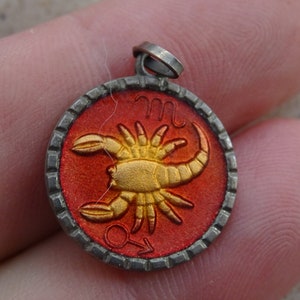 Vintage vermeil gold plated enameled Zodiac medal medallion charm pendant Constellation sign of scorpio. ( D 4 )