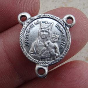 Religious vintage catholic silver plated rosary center medal connector of Holy Jesus Christ and Holy Virgin Mary Virgin of Almudena. F 16